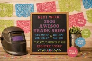 Promotional chalkboard announcing the 2026 AWISCO Trade Show with event dates and location; welding helmet on the left and colorful banners in the background with confetti on the surface.
