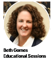 Smiling woman with curly hair in a circular portrait frame, captioned 'Ben Gomes Educational Sessions'.