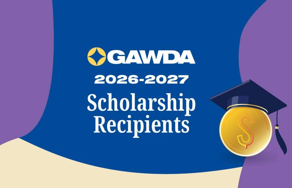GAWDA 2026-2027 Scholarship Recipients with a gold coin and graduation cap on a blue background