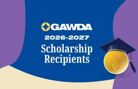 GAWDA 2026-2027 Scholarship Recipients with a gold coin and graduation cap on a blue background