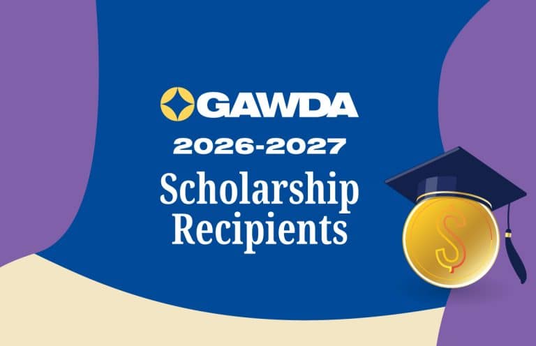 GAWDA 2026-2027 Scholarship Recipients with a gold coin and graduation cap on a blue background
