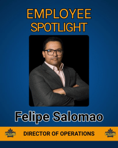 Employee Spotlight: portrait of Felipe Salomao, Director of Operations on a blue poster