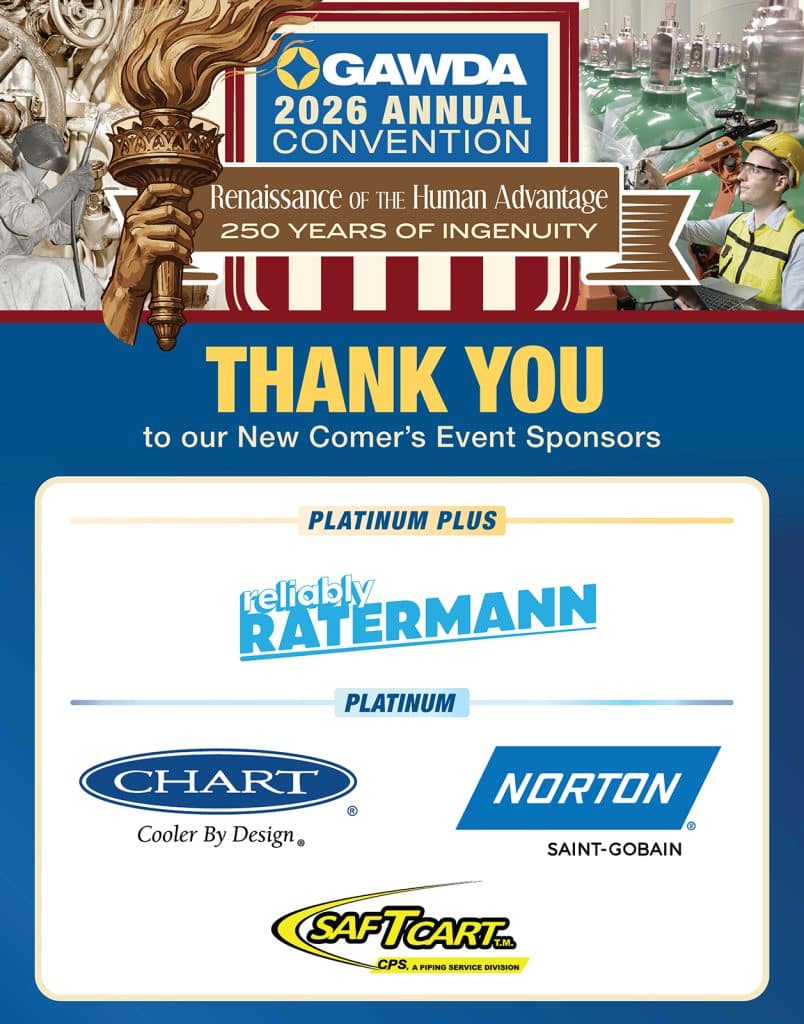 GAWDA 2026 Annual Convention banner thanking sponsors; collage including imagery and sponsor logos such as Ratermann, Chart, Norton Saint-Gobain, and SaftCart.