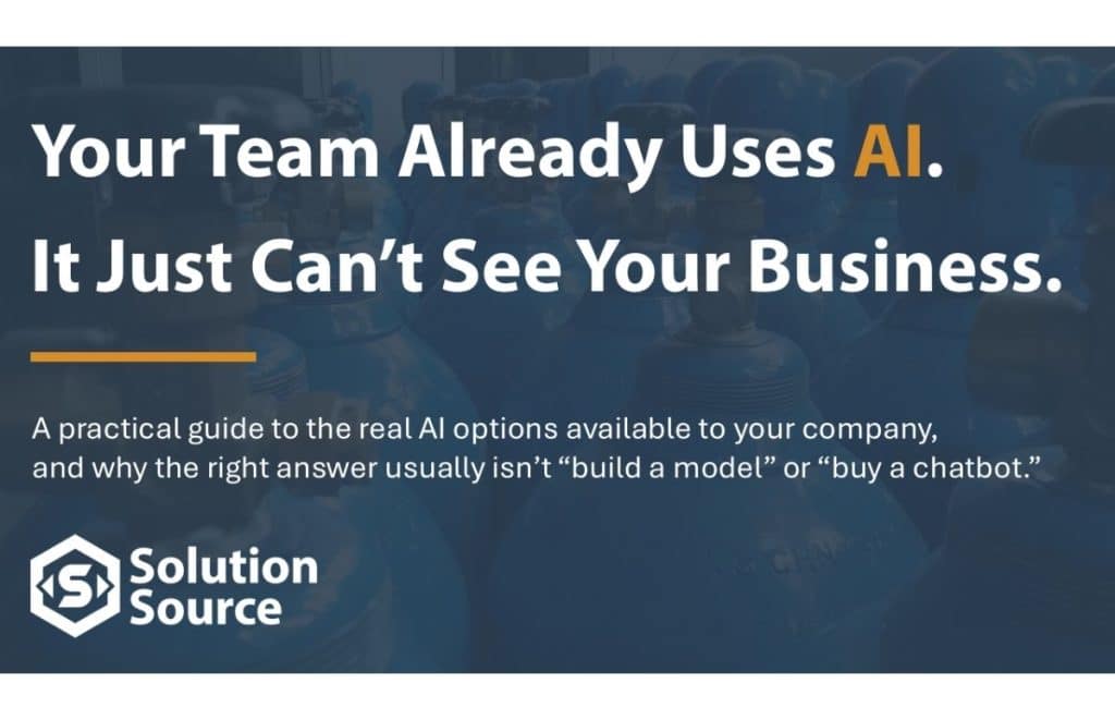 Hero banner: white bold headline reads 'Your Team Already Uses AI. It Just Can’t See Your Business.' over a dark blue overlay with the Solution Source logo in the bottom-left.