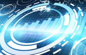 Abstract blue data visualization with circular rings and bars representing analytics and metrics.