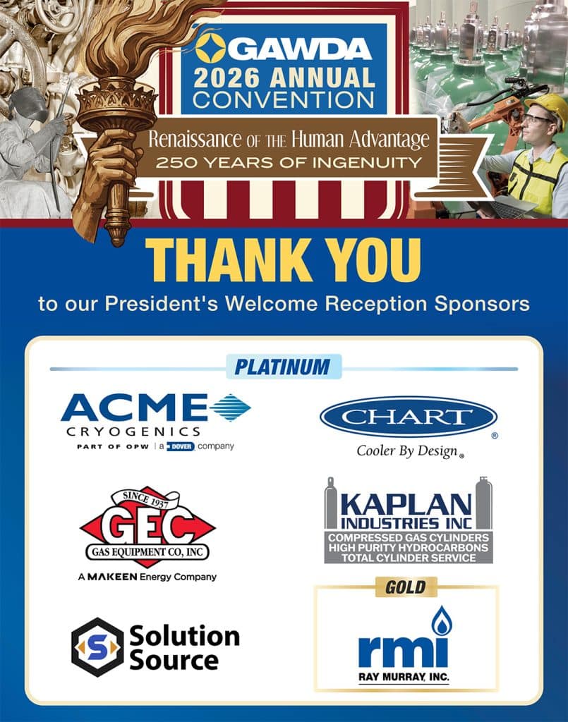 Poster for GAWDA 2026 Annual Convention thanking platinum sponsors with logos (Acme Cryogenics, Chart, GEC, Kaplan Industries, Solution Source, RMI).