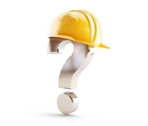 Question mark wearing a yellow construction hard hat, symbolizing safety questions in construction