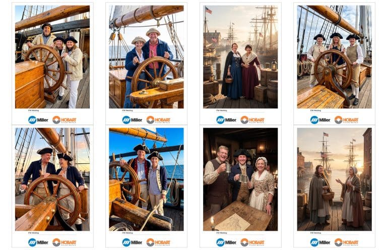 26AC-ITW Hospitality_main - GAWDA Media Crew members in period clothing pose at a ship's wheel on a wooden sailing vessel, smiling for a historic-themed photoshoot with Miller and Hobart logos visible.