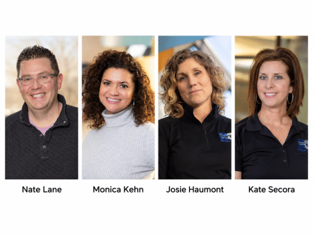 Portraits of four team members from left to right: Nate Lane, Monica Kehn, Josie Haumont, and Kate Secora.