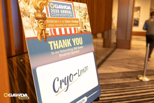 Sponsor board at GAWDA 2026 Annual Convention thanking Networking 360 sponsor; Cryo-Lease logo visible.