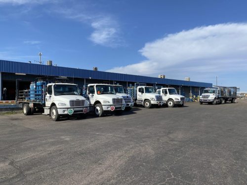 Line of white delivery trucks parked in front of a blue industrial building on a sunny day with a clear sky above.