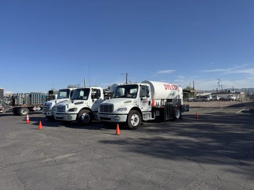 Row of white CO2 tanker trucks parked in an industrial lot with orange safety cones and a clear blue sky behind them.